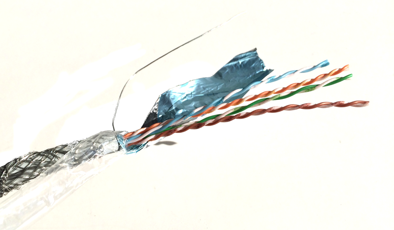 A shielded Cat-5e cable's internal shield with optional drain wire